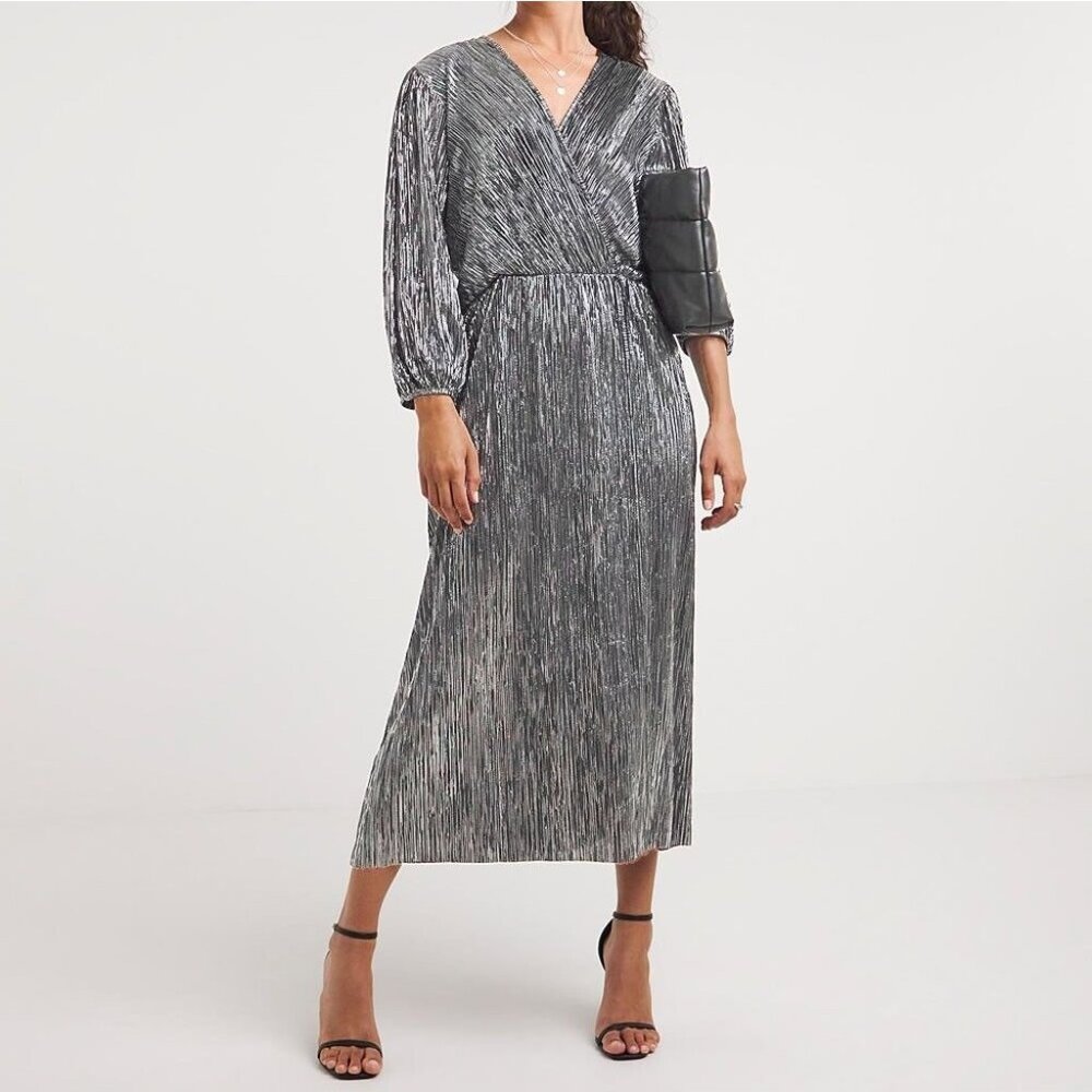 Absolutely Famous Silver Maxi Dress Plus Size 2X Holiday Metallic Faux Wrap Date